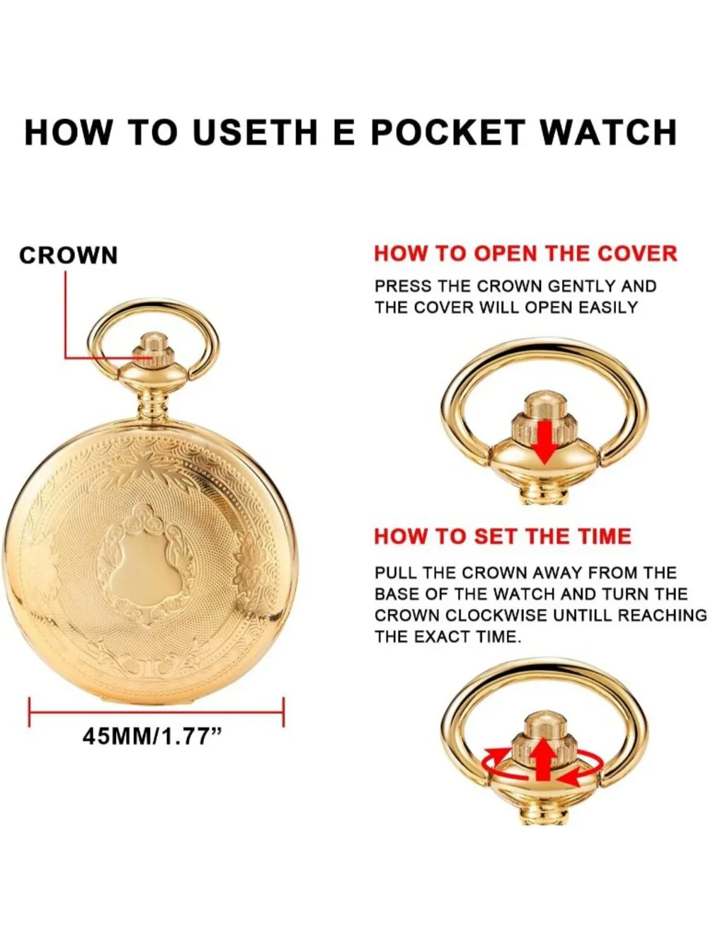 Men's Gold Analog Quartz Flower Arabic Numerals Movement Chain Clip Pocket Watch